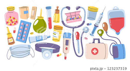 Medical equipment, first aid kit, doctor instruments, pharmaceuticals cartoon flat doodle elements Medical equipment, first aid kit, doctor instruments, pharmaceuticals cartoon flat doodle elements 123237319