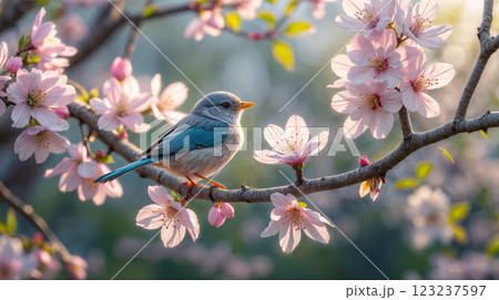 A vibrant bird perches gracefully on a branch with pink flowers 123237597