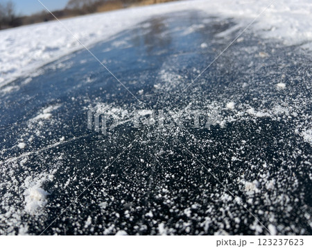 A close-up of a frozen surface with ice and scattered snow, capturing the texture and detail of the wintry conditions. 123237623