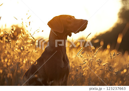 A brown dog stands proudly in a lush field of tall green grass 123237663