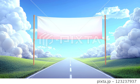 Banner with "Blank" text stands over an empty road under a blue sky with fluffy clouds. Concept of open space and potential. For advertisement design template. Banner with "Blank" text stands over an empty road under a blue sky with fluffy clouds. Concept of open space and potential. For advertisement design template. 123237937