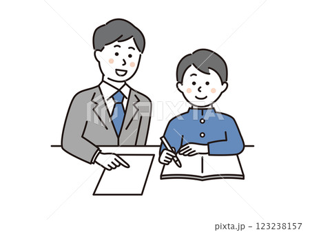 先生に勉強を教えてもらう男子学生 123238157