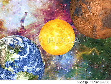 Earth, the Sun, and Mars against a colorful cosmic background with stars and nebulae. Earth, the Sun, and Mars against a colorful cosmic background with stars and nebulae. 123238659