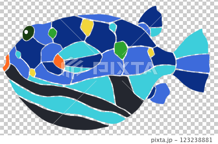 海水魚さざ波フグの素敵なステンドグラス画風切り絵イラスト目地無し 123238881