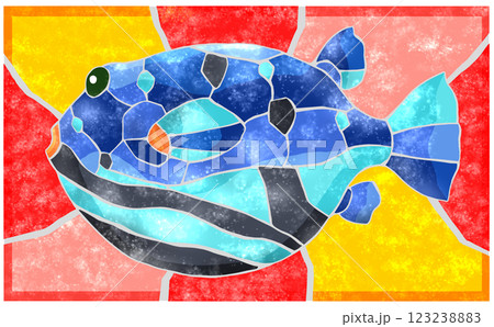 海水魚さざ波フグの綺麗なタイル画切り絵イラスト背景有り 海水魚さざ波フグの綺麗なタイル画切り絵イラスト背景有り 123238883