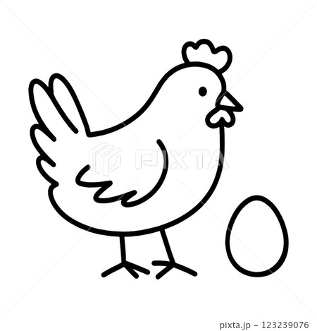 卵を見ているニワトリのシンプルでラフな手描き線画イラスト　透過背景の切り抜き 123239076