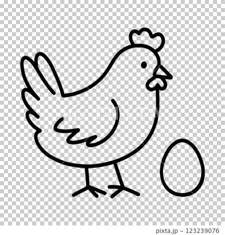 卵を見ているニワトリのシンプルでラフな手描き線画イラスト　透過背景の切り抜き 123239076