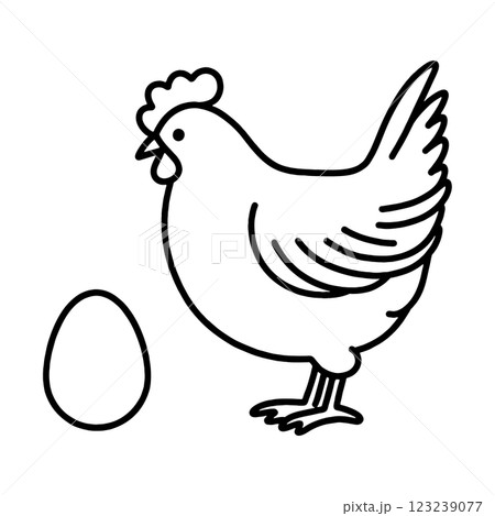 卵を見ているニワトリのシンプルでラフな手描き線画イラスト　透過背景の切り抜き 123239077