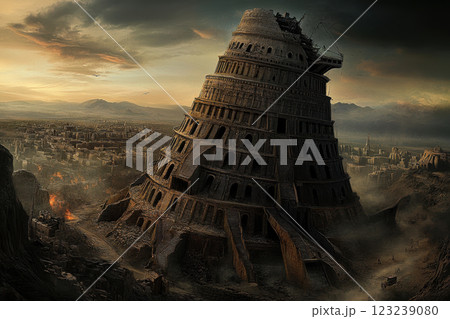 Ancient tower of babel amidst ruined cityscape in dramatic sunset timelapse 123239080