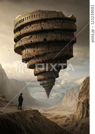 Majestic floating spiral tower in a mysterious desert landscape with lone traveler 123239081