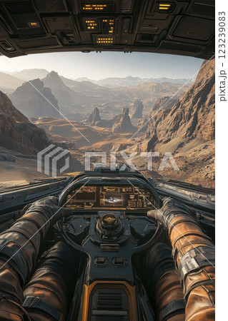 Futuristic spaceship cockpit view navigating barren desert canyon landscape in daylight adventure journey 123239083