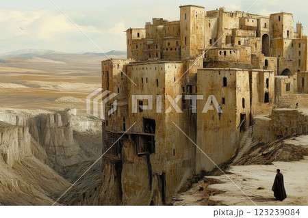 Ancient cliffside fortress overlooking vast desert landscape under clear sky 123239084