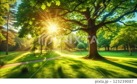 朝陽が差し込む緑豊かな公園の風景 123239087