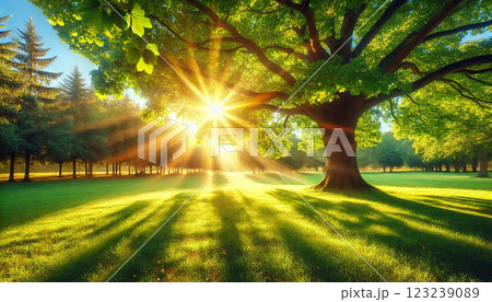 朝陽が差し込む緑豊かな公園の風景 123239089