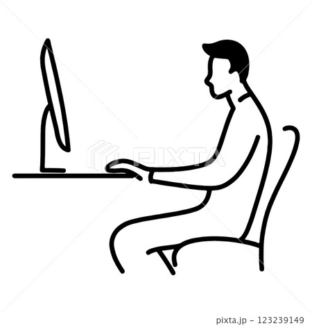 椅子に座ってデスクトップパソコンの画面を見ている男性のラフな手描き線画イラスト　透過背景の切り抜き 123239149