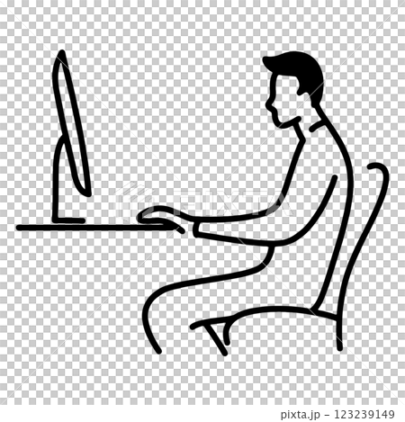 椅子に座ってデスクトップパソコンの画面を見ている男性のラフな手描き線画イラスト　透過背景の切り抜き 123239149