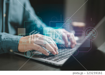 Cloud Computing & AI - Illustrating the integration of AI, cloud storage, and automated processes in modern computing. 123239161