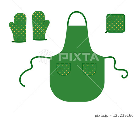 Set of Aprons, Oven Gloves and potholder green cartoon heart pattern Fashion accessory clothing technical illustration  123239166