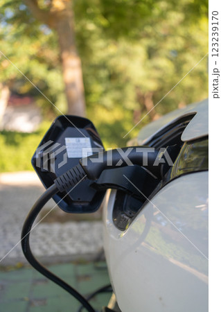 Closeup of EV charger handle connected to car at 123239170