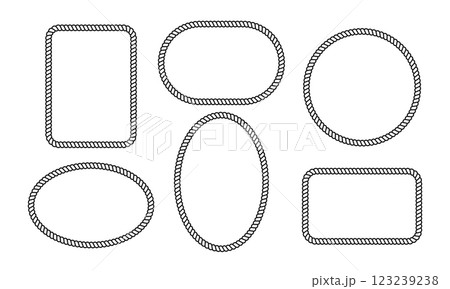 Set of rope frames. Square, circle, oval and rectangle shapes with cord, thread or cable texture isolated on white background. Photo or picture vignettes in nautical style. Vector illustration Set of rope frames. Square, circle, oval and rectangle shapes with cord, thread or cable texture isolated on white background. Photo or picture vignettes in nautical style. Vector illustration 123239238