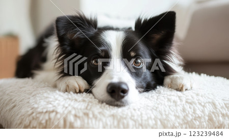 リビングで見つめる可愛いボーダーコリー 123239484