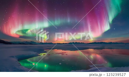 ゲーム背景　美しい夜空とオーロラのある風景 123239527