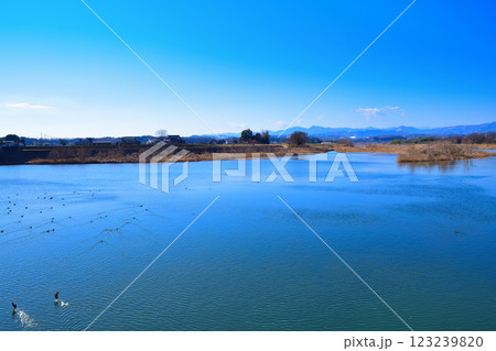 風光明媚　荒川本流の風景 　秩父方面山並　深谷市　六堰頭首工付近　 123239820