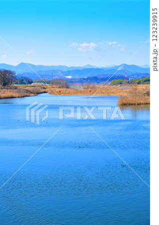 風光明媚　荒川本流の風景 　秩父方面山並　深谷市　六堰頭首工付近　 123239915