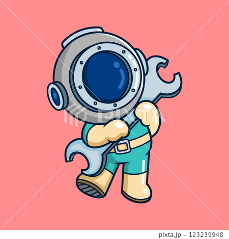 Cute Diver Handyman Holding Wrench Cartoon Vector Icon of Illustration Cute Diver Handyman Holding Wrench Cartoon Vector Icon of Illustration 123239948