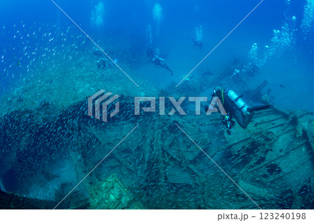 沈船を潜るダイバー 小笠原 東京都 沈船を潜るダイバー 小笠原 東京都 123240198