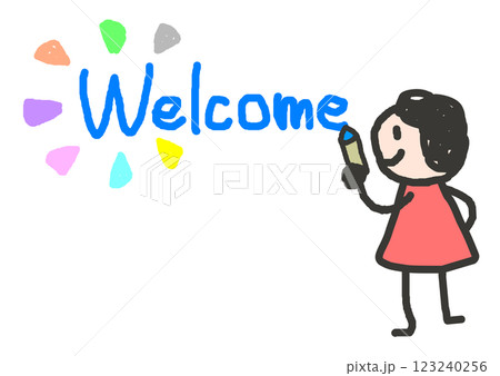 ウェルカムの英語を書いて歓迎と挨拶をする人物イラスト ウェルカムの英語を書いて歓迎と挨拶をする人物イラスト 123240256