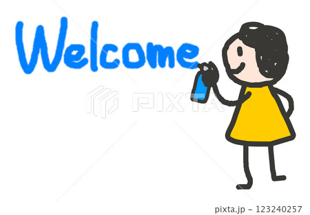 ウェルカムの英語を書いて歓迎と挨拶をする人物イラスト 123240257