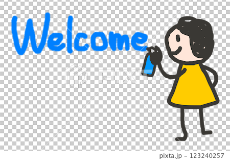 ウェルカムの英語を書いて歓迎と挨拶をする人物イラスト 123240257