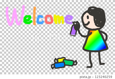 ウェルカムの英語を書いて歓迎と挨拶をする人物イラスト ウェルカムの英語を書いて歓迎と挨拶をする人物イラスト 123240259