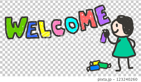 Illustration of a person writing the word "welcome" in English to greet and greet 123240260