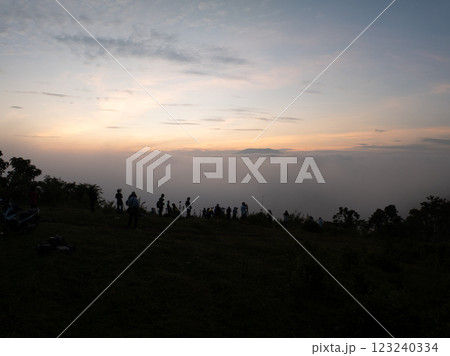 Drone aerial view of landscape mountains view in summer season,High angle view over countryside at northern Vietnam 123240334