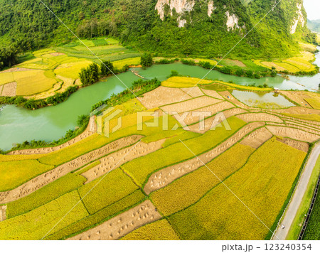 Aerial wide angle view of landscape with rice field at Phong Nam village in Trung Khanh, Cao Bang province,Northern Vietnam Aerial wide angle view of landscape with rice field at Phong Nam village in Trung Khanh, Cao Bang province,Northern Vietnam 123240354