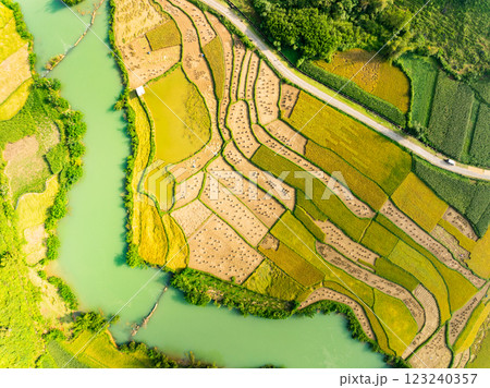 Aerial wide angle view of landscape with rice field at Phong Nam village in Trung Khanh, Cao Bang province,Northern Vietnam 123240357