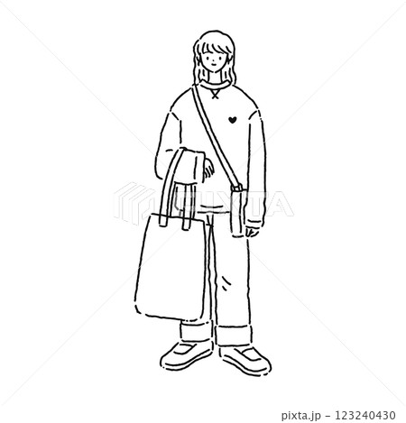 バッグを2個持ったシンプルな女性 線画 バッグを2個持ったシンプルな女性 線画 123240430