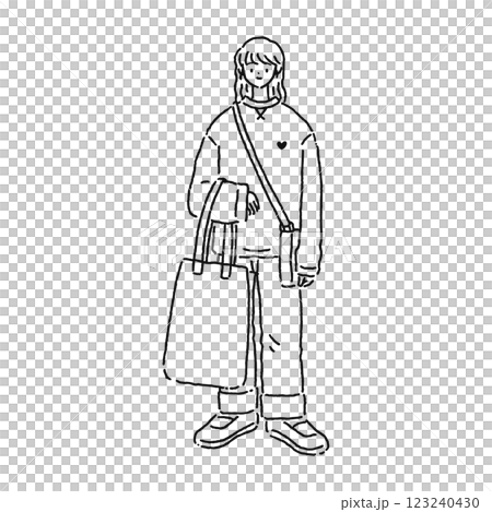 バッグを2個持ったシンプルな女性 線画 バッグを2個持ったシンプルな女性 線画 123240430