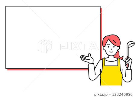 ホワイトボードの前で料理を教えるエプロン姿の女性 123240956