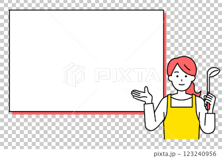 ホワイトボードの前で料理を教えるエプロン姿の女性 123240956