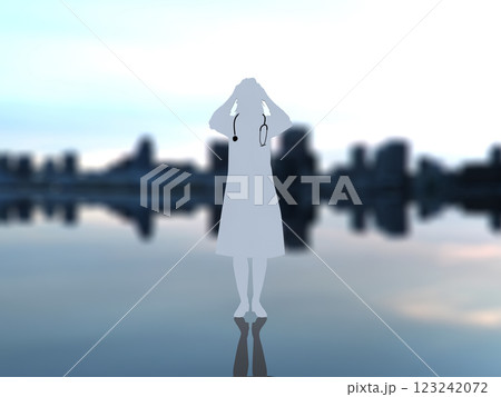 頭を抱えて苦悩する女性医師のシルエット 3Dイラストレーション 横 頭を抱えて苦悩する女性医師のシルエット 3Dイラストレーション 横 123242072