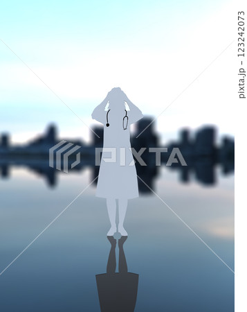 頭を抱えて苦悩する女性医師のシルエット 3Dイラストレーション 縦 頭を抱えて苦悩する女性医師のシルエット 3Dイラストレーション 縦 123242073