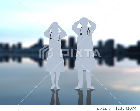 頭を抱えて苦悩する男女の医師のシルエット　3Dイラストレーション　横 123242074