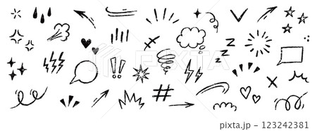 Line movement comic element, cartoon emotion mark effect decoration icon. Hand drawn cute doodle line element arrow, heart, speech bubble. Anime movement, express shape. Vector 123242381