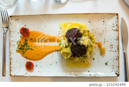 Top view of green beans with scrambled eggs Top view of green beans with scrambled eggs 123242494