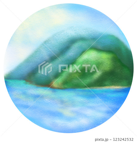 Crayon mountain and sea circle frame illustration, natural landscape and hills crayon drawing 123242532
