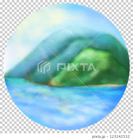 Crayon mountain and sea circle frame illustration, natural landscape and hills crayon drawing 123242532