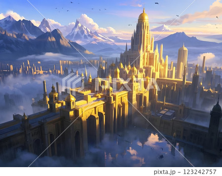 Majestic Heaven Golden City / Golden Castle in the Clouds Illuminated by Glorious Sunlight 123242757